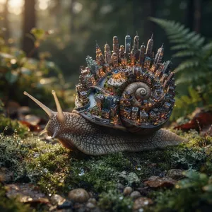 A snail whose shell contains a miniature city skyline, depicted in a hyperrealistic macro photography style with intricate architectural details and ambient lighting. - Google Nano Banana 2 Lite