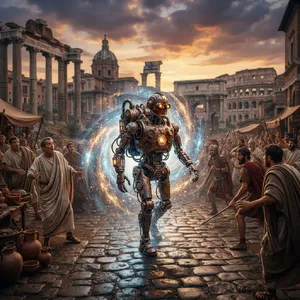 A steampunk robot time-traveling in ancient Rome, depicted in a detailed cinematic style that blends historical accuracy with copper and brass retrofuturistic aesthetics. - Google Nano Banana 2 Lite