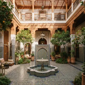 A traditional Moroccan riad courtyard with detailed zellige tilework, flowing fountain, citrus trees, and ornate woodwork. Morning light casting intricate shadow patterns. - Google Nano Banana 2 Lite