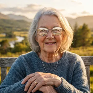 A ultra high-resolution portrait of an elderly woman with silver hair and bifocal glasses, each lens reflecting a distant landscape, captured in warm late-afternoon sunlight - Google Nano Banana 2 Lite