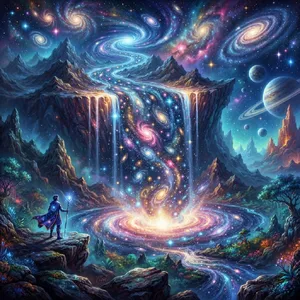 A waterfall that pours out stars and galaxies instead of water, illustrated in a cosmic fantasy style with vibrant space colors and dramatic lighting effects. - Google Nano Banana 2 Lite