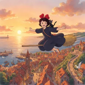 A young witch flying on a broomstick above a coastal town at sunset. Exact art style of 'Kiki's Delivery Service' by Studio Ghibli, with Miyazaki's character design and warm colors. - Google Nano Banana 2 Lite