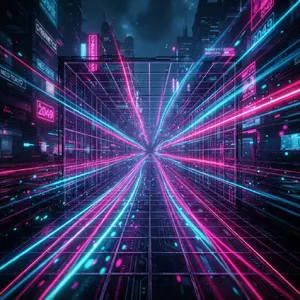 Abstract background graphic, cyberpunk aesthetic, neon pink/blue light trails on dark grid, sense of digital speed, for desktop wallpaper. - Google Nano Banana 2 Lite