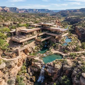 Aerial view of a modernist desert home, in the style of Frank Lloyd Wright's Fallingwater but adapted to desert conditions. Show integration with rocky landscape and water features. - Google Nano Banana 2 Lite