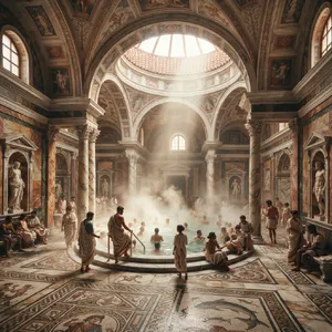 An ancient Roman bathhouse interior with accurate architectural details - marble columns, mosaic floors, arched ceilings, and steam rising from pools. Natural light from oculus openings. - Google Nano Banana 2 Lite