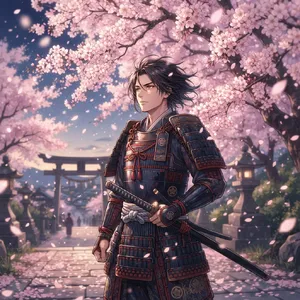 An anime-style portrait of a samurai standing under pink cherry blossoms. - Google Nano Banana 2 Lite