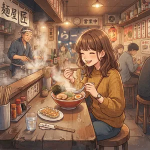 An anime scene of a character eating ramen at a small shop counter (slice-of-life style). - Google Nano Banana 2 Lite