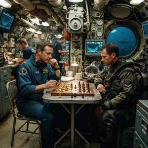 An astronaut and a deep-sea diver playing chess together inside a submarine. - Google Nano Banana 2 Lite