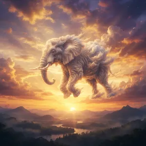 An elephant made of clouds floating in a sunset sky, rendered in a surrealist photorealistic style with ethereal golden lighting and atmospheric depth. - Google Nano Banana 2 Lite