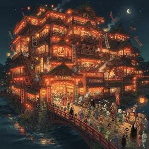 An enchanted bathhouse with glowing lanterns and spirits. Recreate the visual style of 'Spirited Away' by Studio Ghibli, with Miyazaki's ornate architecture and magical atmosphere. - Google Nano Banana 2 Lite