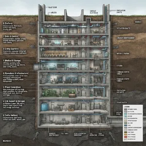 Cross-section rendering of a multi-level underground bunker with different functional areas, structural support systems, ventilation, and power generation facilities visible. - Google Nano Banana 2 Lite