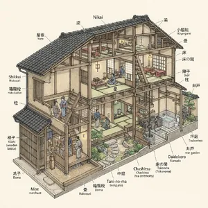 Cutaway architectural drawing of a traditional Japanese machiya townhouse showing all rooms and structural elements. Include accurate proportions, traditional joinery, and typical spatial organization. - Google Nano Banana 2 Lite