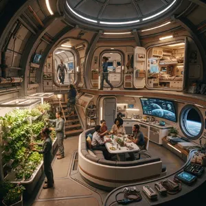 Interior of a futuristic space habitat with hydroponics gardens, communal areas, and living quarters. Show curved walls, artificial gravity considerations, and multipurpose furniture designs. - Google Nano Banana 2 Lite