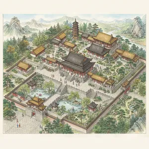 Isometric architectural illustration of an ancient Chinese temple complex showing multiple pavilions, gardens, and ceremonial spaces. Include proper roof structures and traditional ornamentation. - Google Nano Banana 2 Lite
