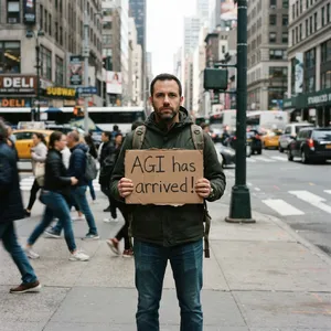 Photorealistic daytime street photograph, clearly showing a man standing still on a busy urban street corner holding a rectangular cardboard sign clearly facing camera, handwritten bold black marker text clearly readable as 