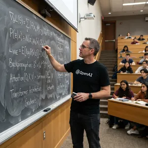 Photorealistic depiction of a man wearing a clearly visible black OpenAI-branded T-shirt. He is standing at the front of a university lecture hall, writing complex mathematics and AI-related equations across a large, dusty chalkboard filled with notation - Google Nano Banana 2 Lite