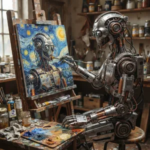 Photorealistic image of a robot painting a realistic self-portrait (i.e. the robot) on canvas, mimicking Van Gogh’s art style; clear, realistic metallic textures and painting details visible - Google Nano Banana 2 Lite