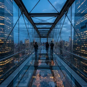 Photorealistic rendering of a contemporary glass skybridge between two skyscrapers, seen from inside with city views visible through glass walls and floor. Show accurate reflections and structural details. - Google Nano Banana 2 Lite