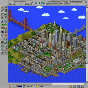 Pixel art cityscape of San Francisco in the iconic SimCity 2000 style, isometric view, detailed skyscrapers, residential areas, clearly identifiable Golden Gate Bridge, Coit Tower, Transamerica Pyramid, surrounded by the classic SimCity 2000 UI elements - Google Nano Banana 2 Lite