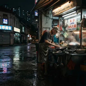 Rain-slicked Singapore street, 3 AM. A lone elderly hawker cleans his cart under one flickering fluorescent light. Steam rises gently. Low-angle shot, photorealistic - Google Nano Banana 2 Lite