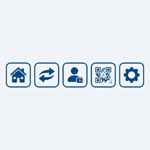 Set of 5 consistent flat design icons for a mobile banking app: 'Home', 'Transfer', 'Account', 'Scan QR', 'Settings'. Monochrome dark blue. - Google Nano Banana 2 Lite