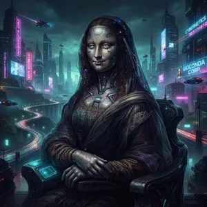 The Mona Lisa reimagined as a futuristic android, rendered in a digital art style that preserves Da Vinci's composition while incorporating sleek cyberpunk aesthetics and technological elements. - Google Nano Banana 2 Lite