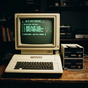Vintage Apple II computer with green monochrome CRT screen, displaying 'END OF WORLD PROCEDURES' in green text. Two external floppy drives stacked on the right, labeled disk II with rainbow Apple logos. Beige casing, black background, retro aesthetic. - Google Nano Banana 2 Lite