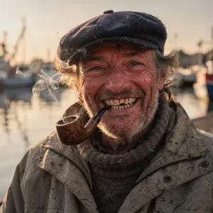A 4K photo of an old fisherman with a weathered face and a pipe, grinning. - Black Forest Labs FLUX.2 Max