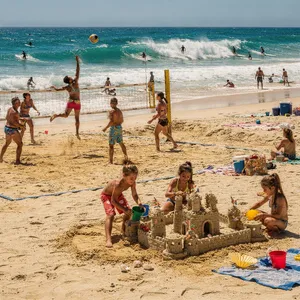 A beach scene: adults playing volleyball, kids building sandcastles, and surfers riding waves. - Black Forest Labs FLUX.2 Max