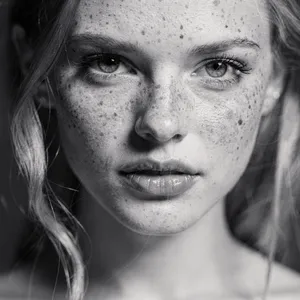 A black and white close-up portrait of a freckled woman with an intense gaze. - Black Forest Labs FLUX.2 Max