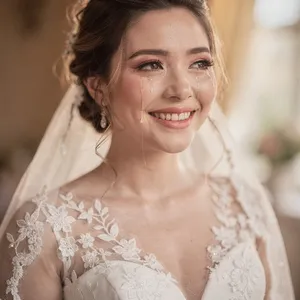 A bride on her wedding day, smiling with tears of joy in her eyes. - Black Forest Labs FLUX.2 Max