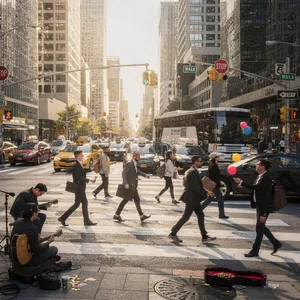 A busy city intersection with cars, pedestrians, and street performers all in one frame. - Black Forest Labs FLUX.2 Max