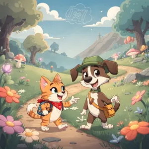 A cartoon of a cat and a dog on an adventure, drawn in a colorful 2D style. - Black Forest Labs FLUX.2 Max