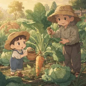 A child and elder tending oversized vegetables in a garden. Reproduce the artistic style of Studio Ghibli, with their distinctive character proportions and detailed plant illustrations. - Black Forest Labs FLUX.2 Max