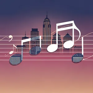 A city skyline that forms the shape of musical notes on a staff, created in a stylized graphic design aesthetic with clean architectural lines and dramatic twilight colors. - Black Forest Labs FLUX.2 Max