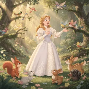 A classic Disney-like 2D cartoon princess singing with animals in a forest. - Black Forest Labs FLUX.2 Max