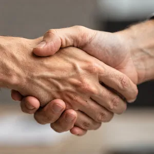 A close-up of two people shaking hands, both hands fully visible with five fingers each, in sharp focus against a blurred background. - Black Forest Labs FLUX.2 Max