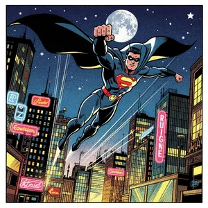 A comic-book style superhero flying over a city at night, with halftone shading. - Black Forest Labs FLUX.2 Max