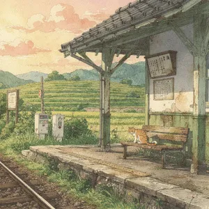 A countryside train station with a cat waiting on a bench. Rendered in Studio Ghibli animation style with Miyazaki's watercolor backgrounds and hand-drawn quality. - Black Forest Labs FLUX.2 Max