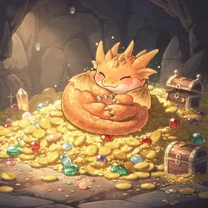 A cute chibi-style dragon sleeping on a pile of gold. - Black Forest Labs FLUX.2 Max