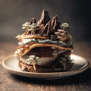 A dessert cake that looks like a tiny planet, complete with miniature trees and mountains, photographed in a professional food photography style with tilt-shift focus effect. - Black Forest Labs FLUX.2 Max