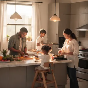 A family cooking together in a kitchen, each person busy with a different task. - Black Forest Labs FLUX.2 Max