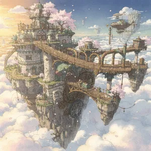 A floating steampunk castle in the sky with intricate mechanical gears and cherry blossom trees, illustrated in Hayao Miyazaki's Castle in the Sky (1986) art style with watercolor textures and detailed line work. - Black Forest Labs FLUX.2 Max