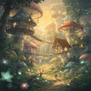 A forest of giant mushrooms with houses built on top of them, rendered in a whimsical Studio Ghibli-inspired art style with vibrant colors and fantastical details. - Black Forest Labs FLUX.2 Max