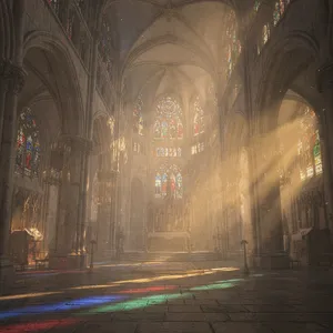 A Gothic cathedral interior at sunset with light streaming through detailed stained glass windows, creating colored patterns on stone floors and columns. Show accurate ribbed vaulting. - Black Forest Labs FLUX.2 Max