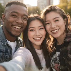 A group selfie of three friends of different ethnic backgrounds smiling at the camera. - Black Forest Labs FLUX.2 Max
