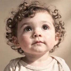 A hyper-realistic photo of a toddler with curly hair and big eyes, looking upward. - Black Forest Labs FLUX.2 Max