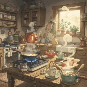 A kitchen with magical cooking implements preparing breakfast. Duplicate the artistic style of Studio Ghibli's domestic scenes, with Miyazaki's detailed settings and warm lighting. - Black Forest Labs FLUX.2 Max