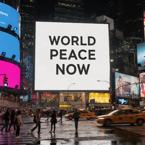 A large storefront billboard at Times Square displaying the slogan “WORLD PEACE NOW” in bold, clear letters, amidst a vibrant cityscape at night. - Black Forest Labs FLUX.2 Max