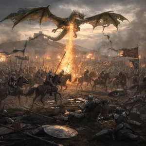 A medieval battlefield with knights on horseback and a dragon flying overhead. - Black Forest Labs FLUX.2 Max